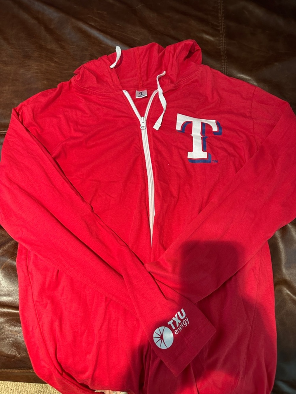 Red Hooded Zip Utility Jacket with 'T' Logo Texas Rangers